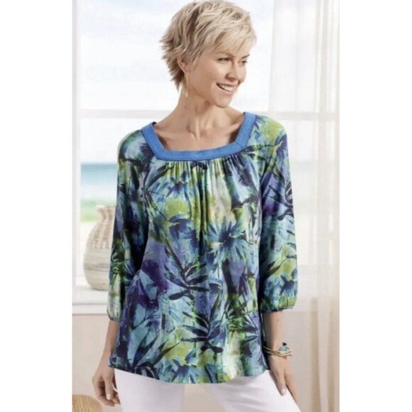 Soft‎ Surroundings Tunic Top Size Large Odessa Blue Tropics Floral Relaxed NEW - Picture 1 of 13
